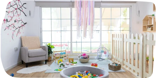 Indoor learning space at Step By Step Nursery in Dubai, featuring well-structured areas for play, exploration, and interactive activities.